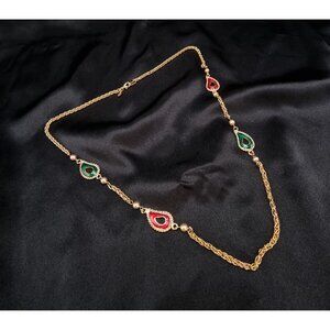 Vintage 1990s KJL Gold-Tone Necklace With Red & Green Enamel Teardrop Pendants